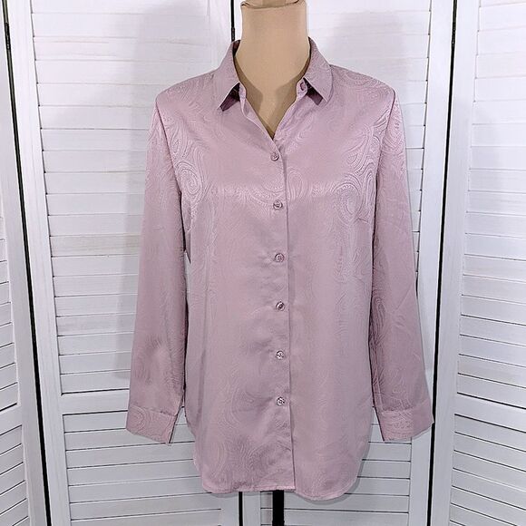 Chico’s Shirt Tunic Size 1 (8) Pink Long Sleeve Silky Paisley - Picture 3 of 13